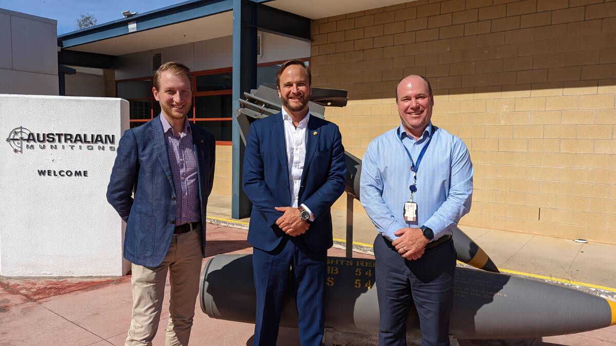 Front line visit: Senator James Paterson and Ross Lyman with Australian Munitions Benalla general manager Brett Aggenbach at the North East military supplies factory.