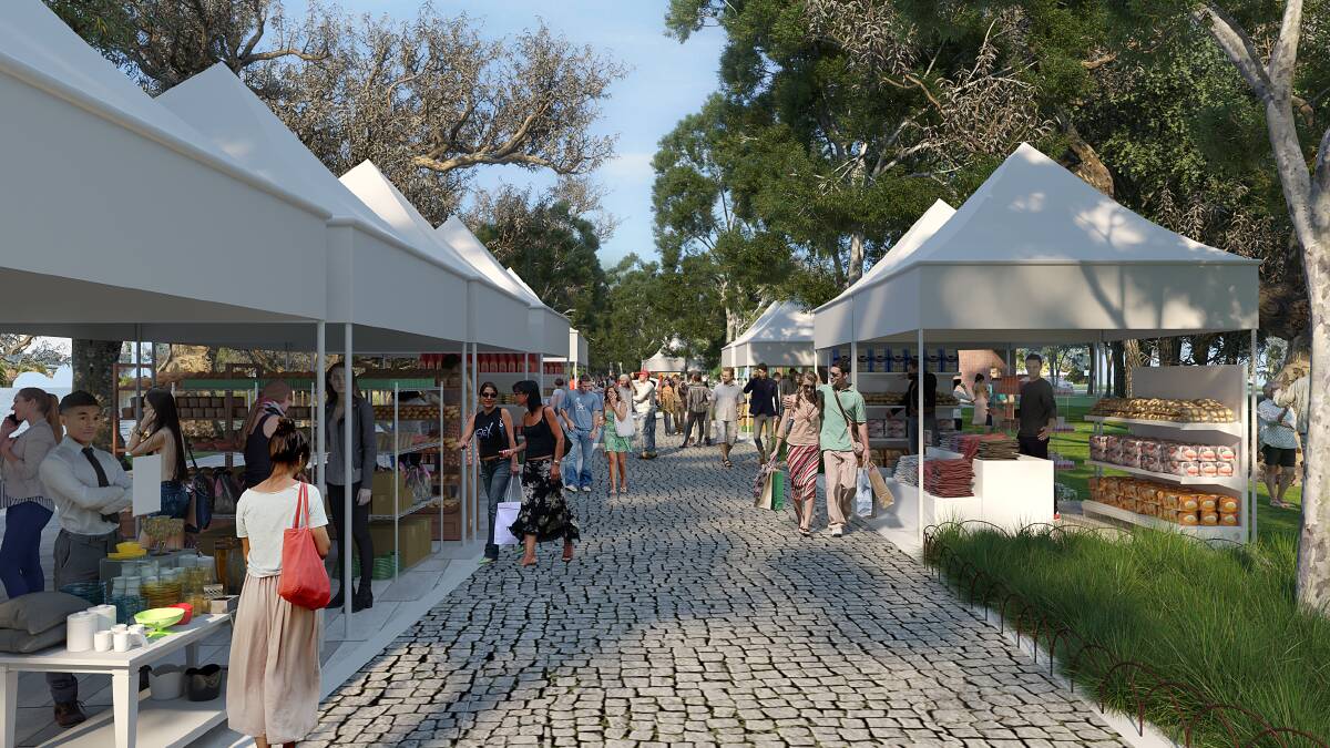 Glimpse of future: An artist's image of Hovell Tree Park as it will appear when set up to have an area dedicated to the Albury-Wodonga farmers' market. Up to 60 stalls will be able to be accommodated.