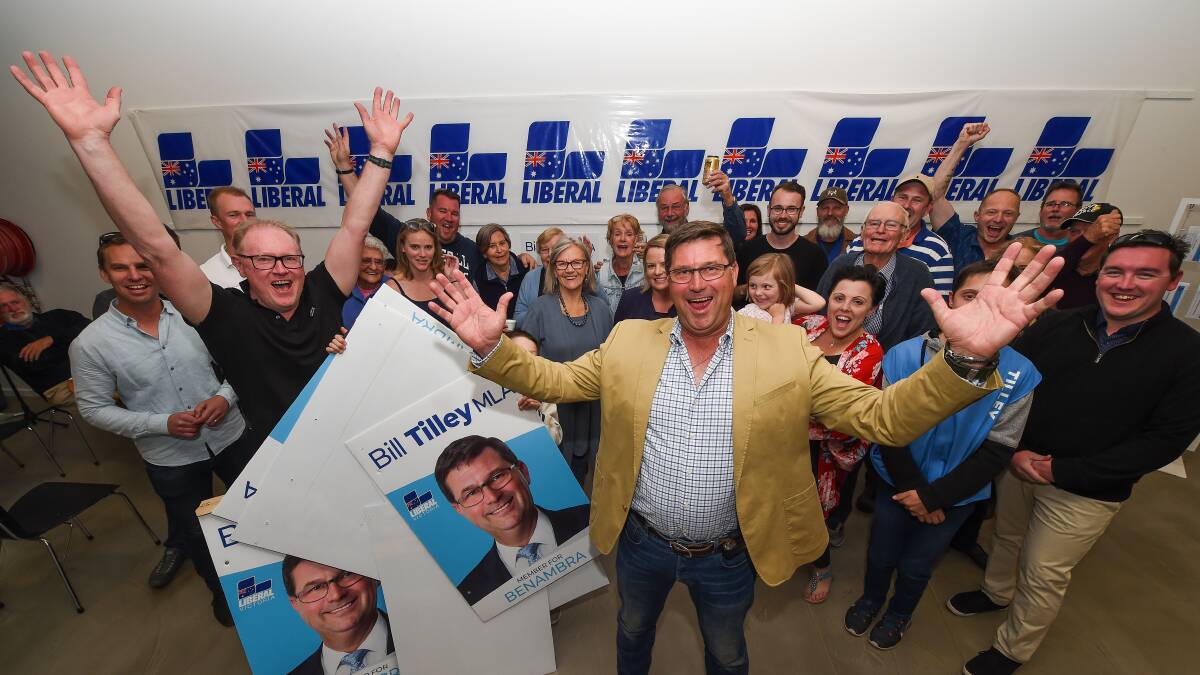 Team gathering: Bill Tilley and his supporters, volunteers and staff on Saturday night at their election party in a former shop in Stanley Street, Wodonga which became a campaign office in recent weeks. Picture: MARK JESSER