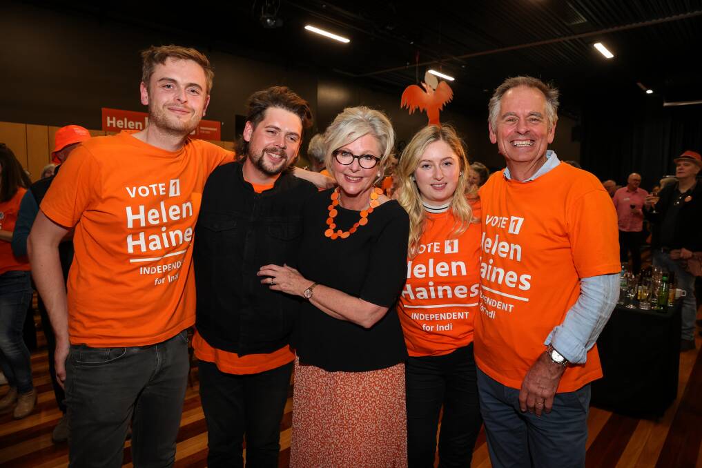 Family affair: Successful member for Indi Helen Haines with her sons Nick and Will, daughter Georgia and husband Phil after winning re-election. They celebrated at the Wangaratta Performing Arts Centre. Picture: JAMES WILTSHIRE
