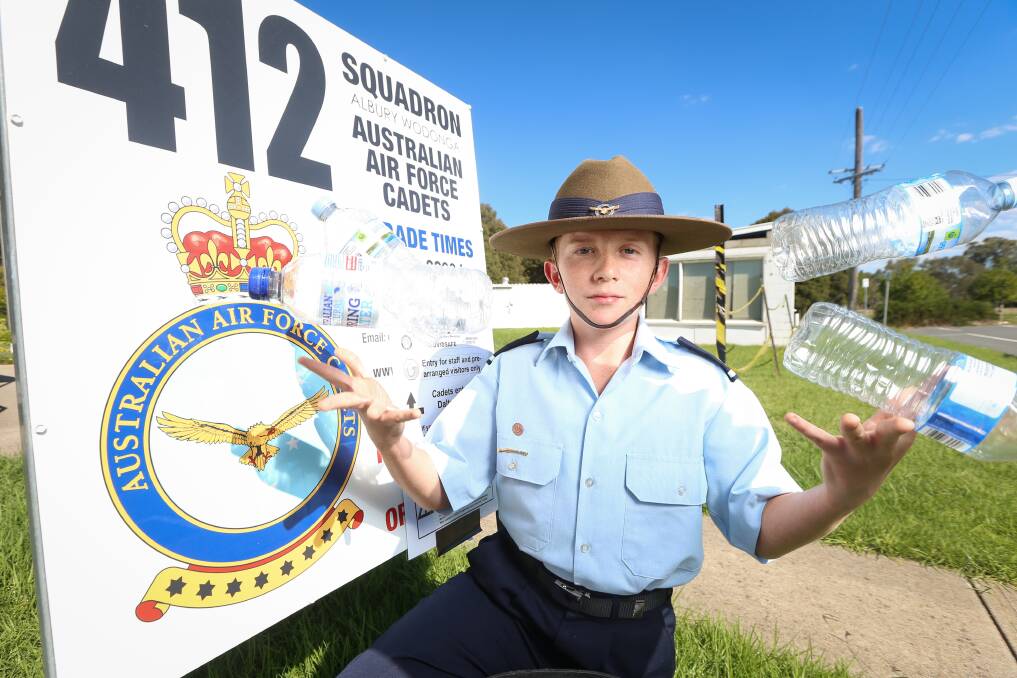 Plastic fantastic: Air cadet James McCarthy has given a financial boost to the Albury RSL sub-branch by collecting cans and bottles. Cashing in the containers resulted in him then providing the money to the veterans' organisation. Picture: JAMES WILTSHIRE