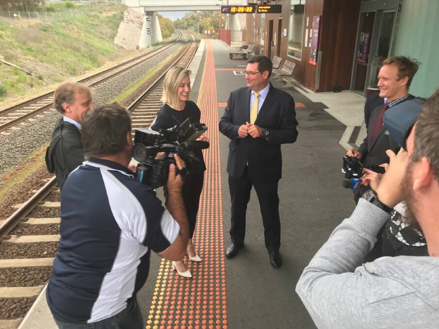 New platform: Nationals member for Euroa Steph Ryan and Liberal member for Benambra Bill Tilley promoted their fast train policy at Wodonga railway station on Wednesday to a media conference.   