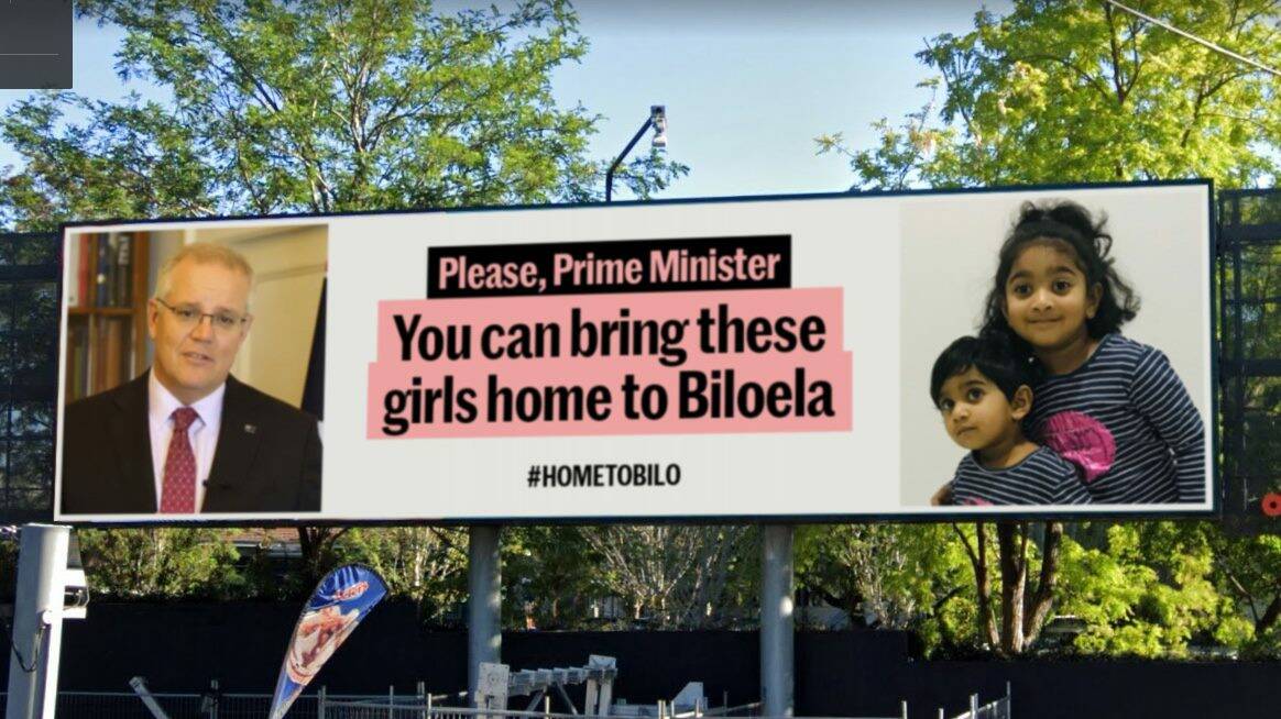 Message on show: A billboard pleads for Prime Minister Scott Morrison to help family out of detention and into the community they made home in Queensland. Picture: FACEBOOK