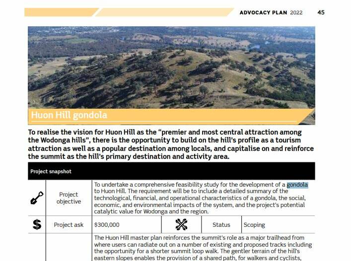 Excerpt: The proposal for a gondola on Huon Hill as outlined in Wodonga Council's advocacy plan for priority projects.