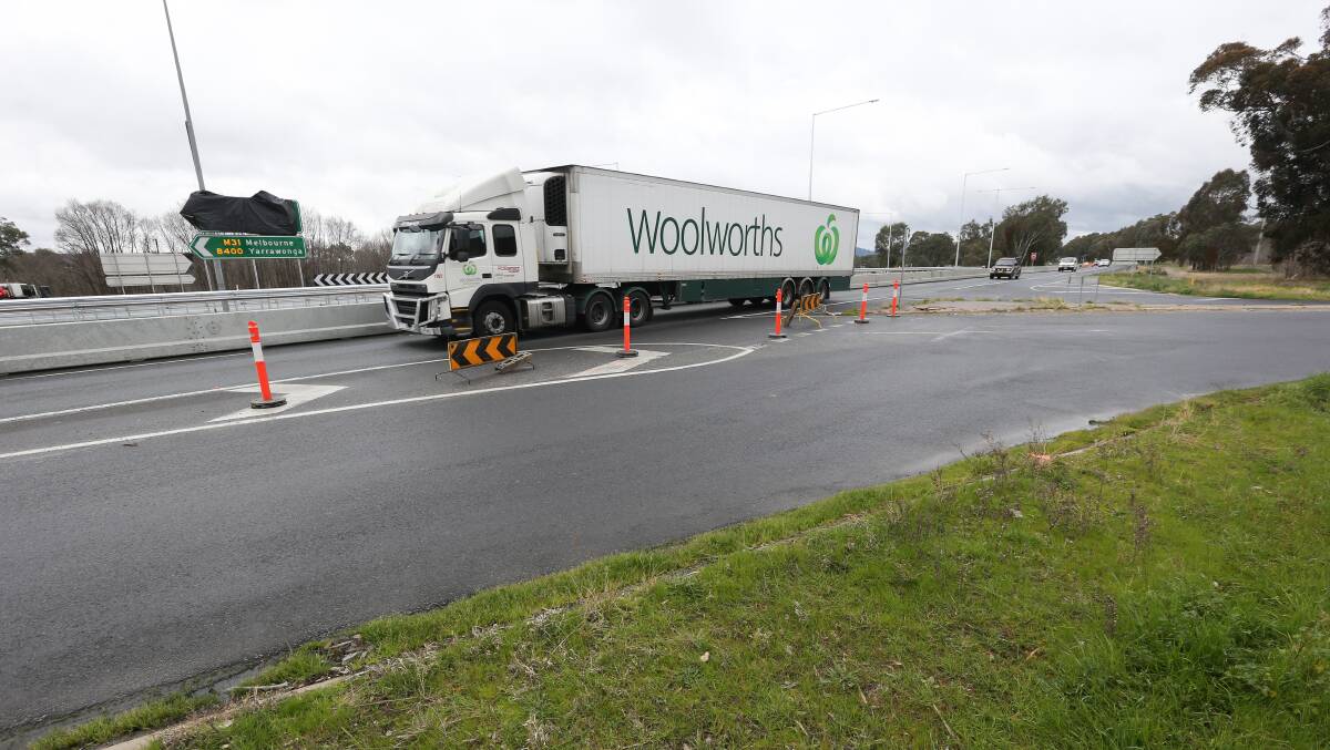 Irritating intersection: A southbound semi-trailer travels past the newly formed turning area on the Hume Freeway near McKoy Street. Picture: KYLIE ESLER