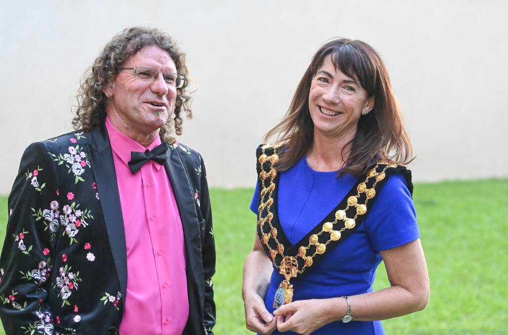 On a high: Albury's new deputy mayor Steve Bowen and mayor Kylie King, wearing the chain of her new office, after their elevation last night. Picture: MARK JESSER