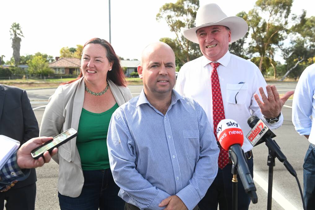 On the same team: Nationals candidates for Indi, Liz Fisher, and Nicholls, Sam Birrell, join their party leader and Deputy Prime Minister Barnaby Joyce at Yarrawonga on Monday afternoon.