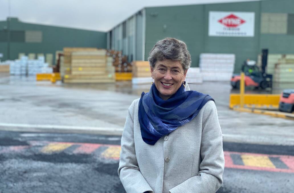 On the trail: Liberal candidate for Eden-Monaro Fiona Kotvajs at Tumbarumba's Hyne timber mill.