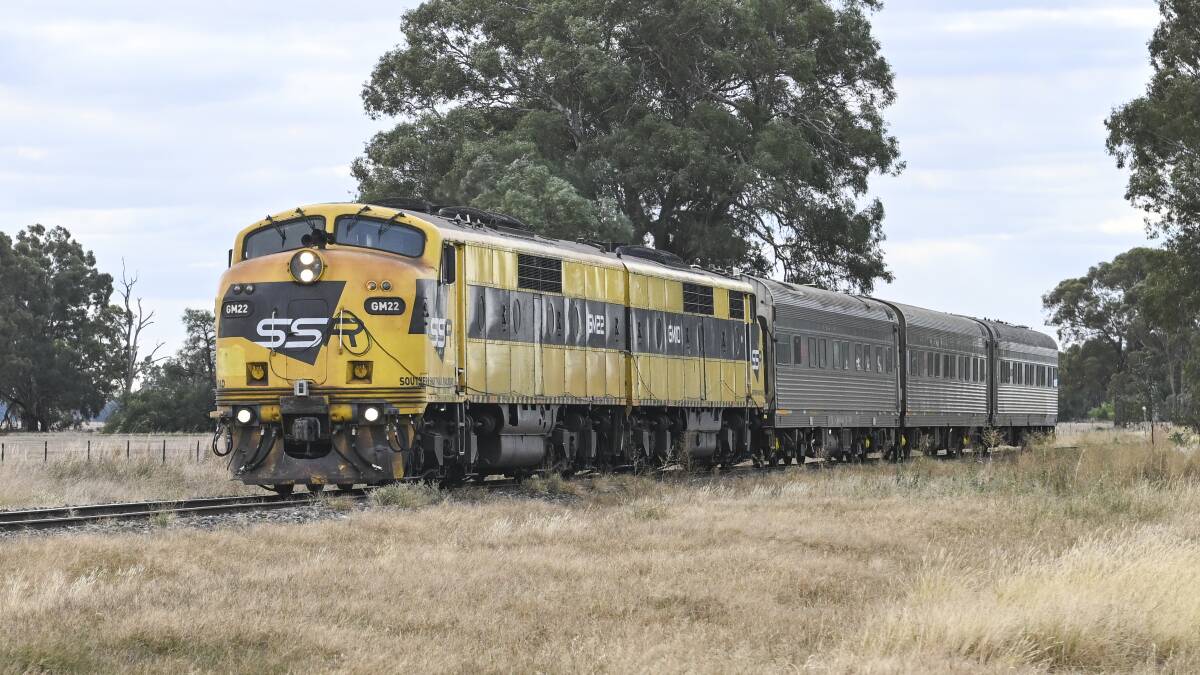 Three former passenger carriages have been converted into units to test the geometry of tracks for the Australian Rail Traffic Corporation. Here is the full AK train as it travelled south on the Benalla to Yarrawonga near St James. Picture by Mark Jesser