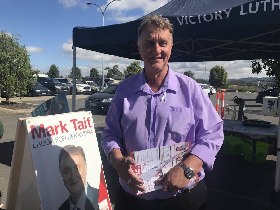 Canvassing: Labor candidate for Benambra Mark Tait touts for votes outside Victory Lutheran School on Saturday. Picture: ALISON PLASTO