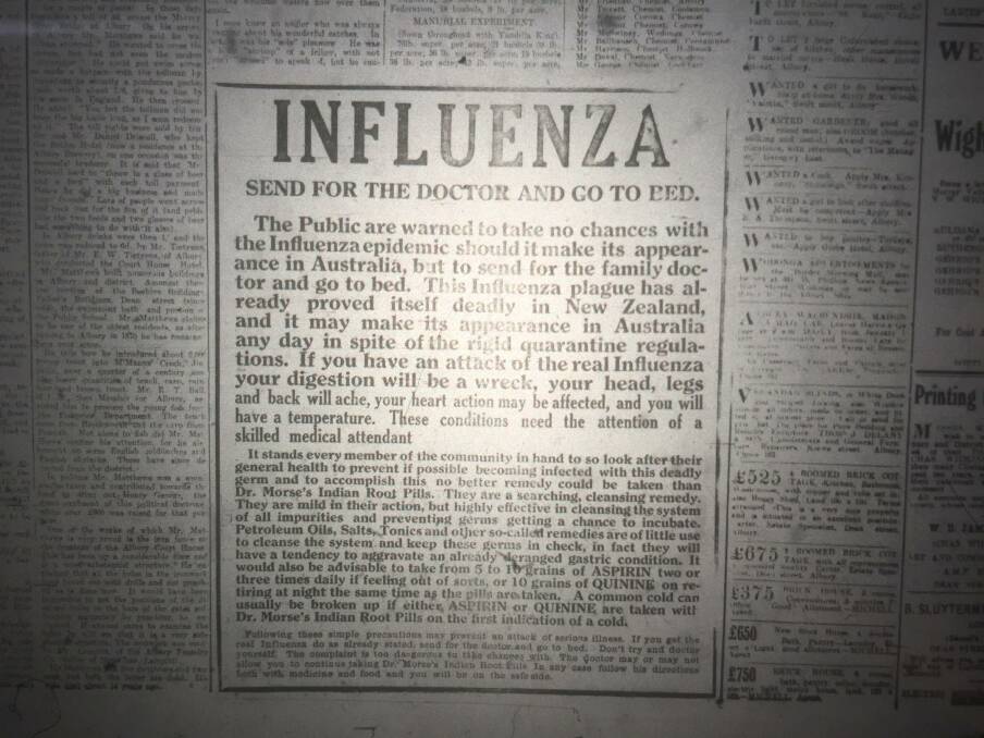 First big sign: This advertisement was the first major warning to readers of The Border Morning Mail that a flu epidemic was on its way to the region.