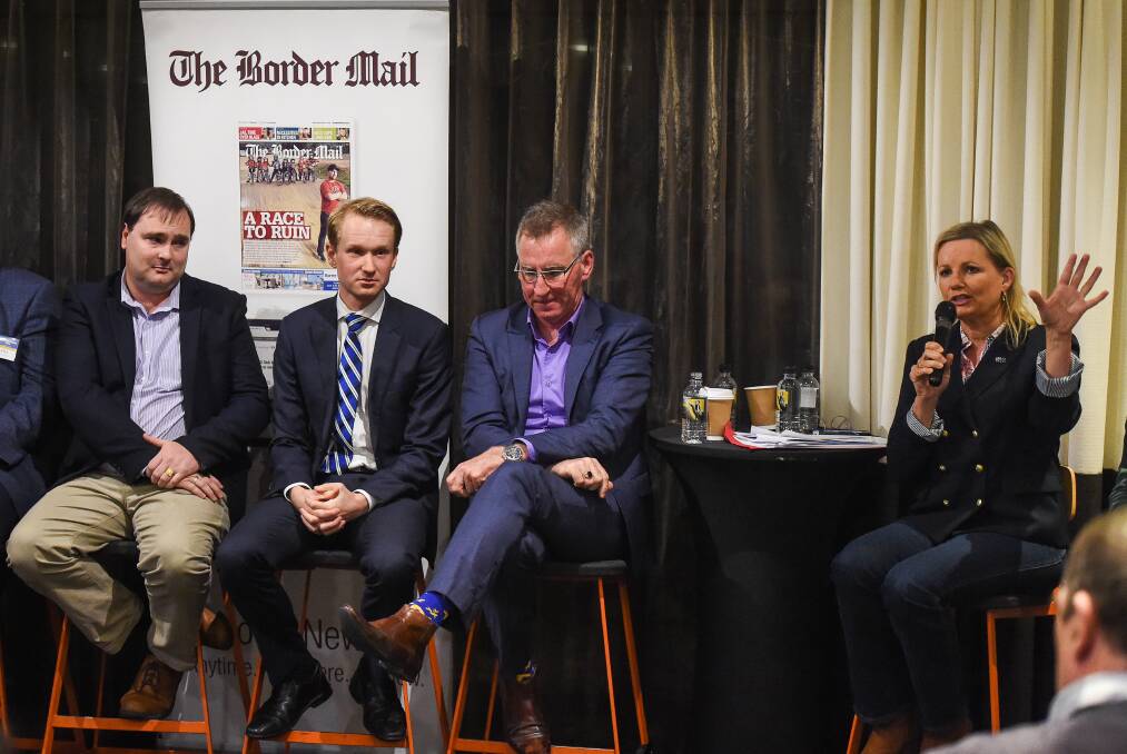 Odd one out: Kevin Mack (third from left) with Kieran Drabsch (Labor), Ross Hamilton (Sustainable Australia Party) and Sussan Ley (Liberal Party) at an election forum run by the Border Mail earlier in the year. 