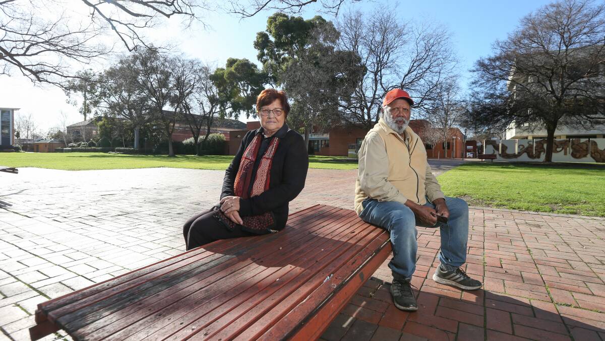 Entertaining a change: Wiradjuri elders Edna Stewart and Tunney Murray in Albury's QEII Square. They would like to see its name switched to reflect the city's Indigenous bonds. Picture: TARA TREWHELLA