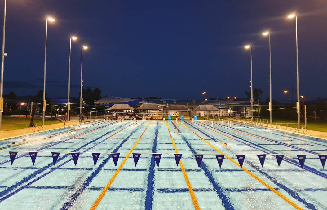 Before sunrise: WAVES pool in Wodonga on Tuesday morning with the blue signs at the far end representing lanes used by the general public and others occupied by swimming club members.