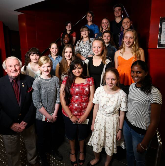 Winning writers: River of Stories organiser Barry Young with successful entrants in the Rotary-administered literature competition after the prize presentation at Albury library on Saturday afternoon. Pictures: JAMES WILTSHIRE