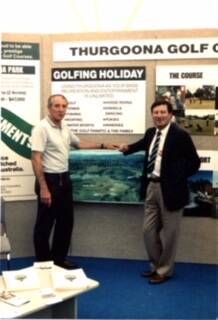 Promoter: Jack Cervaal and Peter Thomson at a golf expo in the 1980s highlighting the Thurgoona golf course as part of a Murray River clubs promotion.