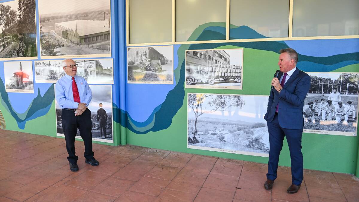 Well done: Supermarket owner Bob Mathews receives plaudits from Albury mayor Kevin Mack as the mural along the Borella Road side of his grocery is formally launched. Picture: MARK JESSER