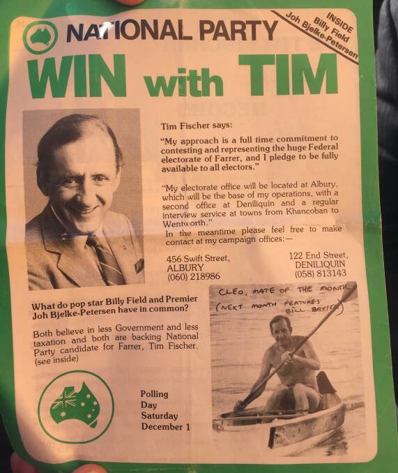 Flashback: The brochure which Mr Fischer used to promote his election to federal parliament in Farrer in 1984, complete with handwritten note over canoeing photo.