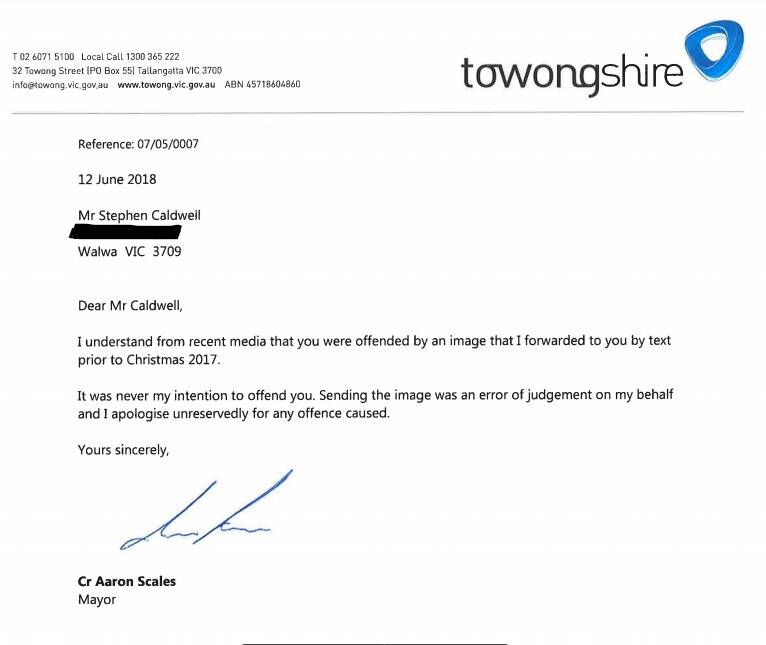 Remorse on show: The apology sent by Towong mayor Aaron Scales over his text featuring naked men with a Christmas tree.