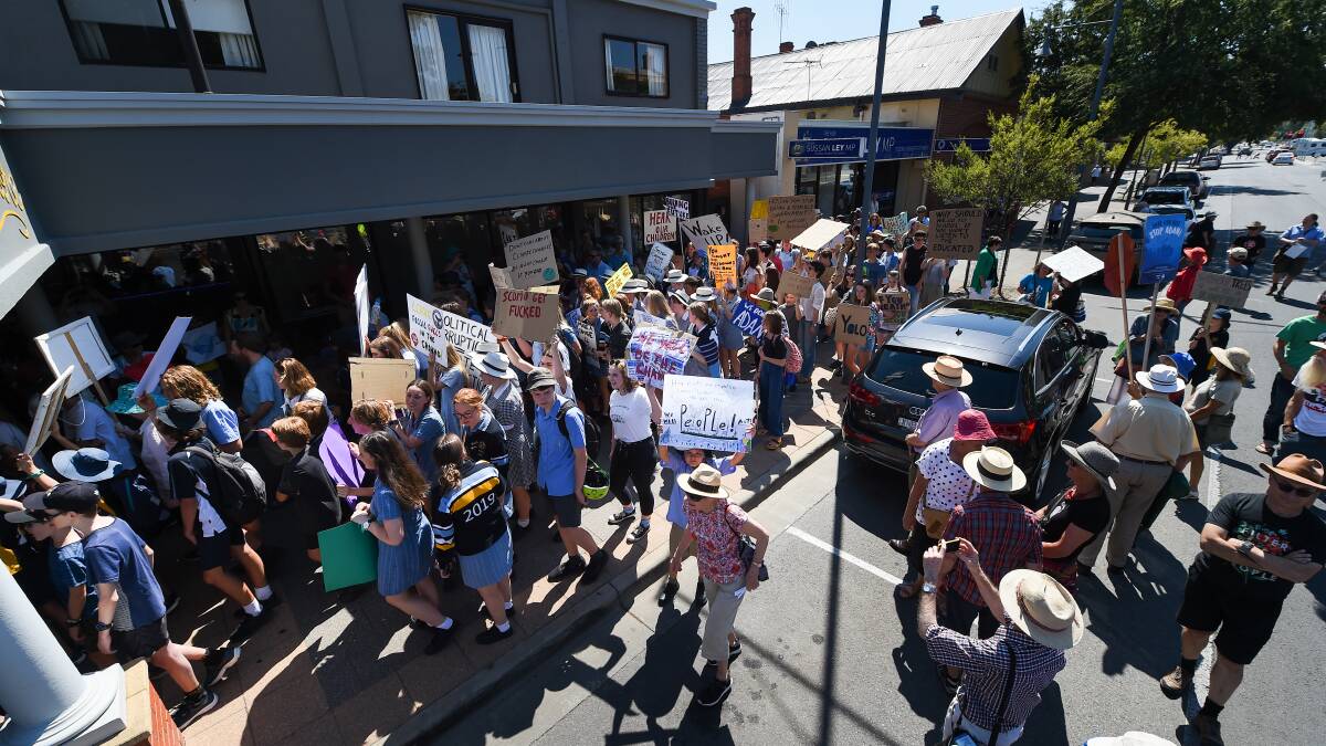 On the march: Students and other climate change strikers gather outside Sussan Ley's office during their rally six months ago. Picture: MARK JESSER