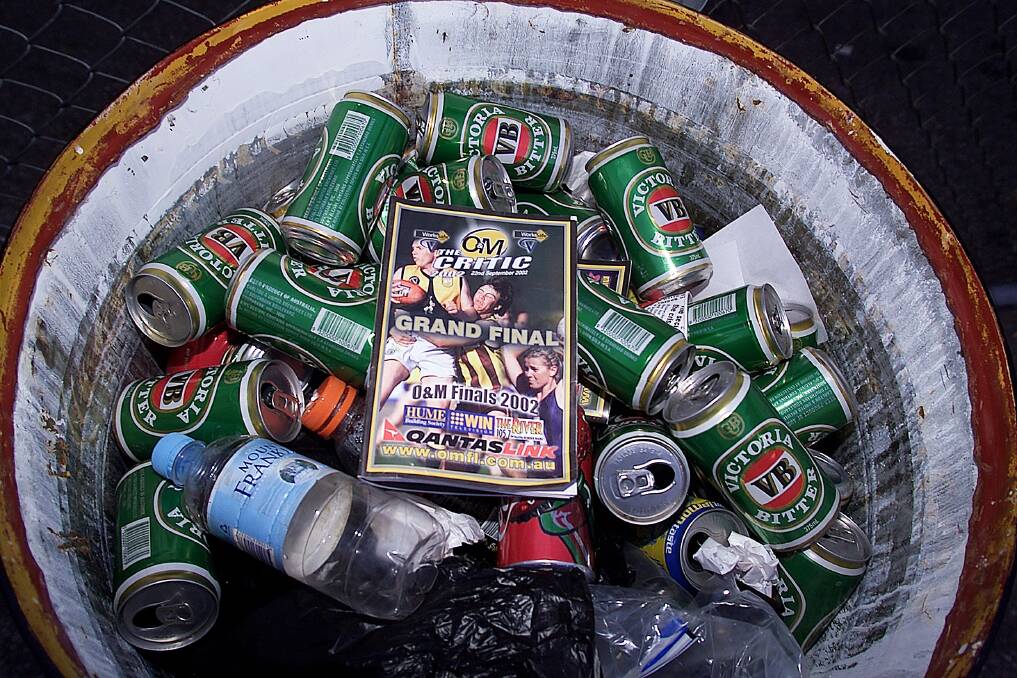 Flashback: Beer cans dumped in a bin at Lavington Sportsground following the Ovens and Murray Football League grand final in 2002.