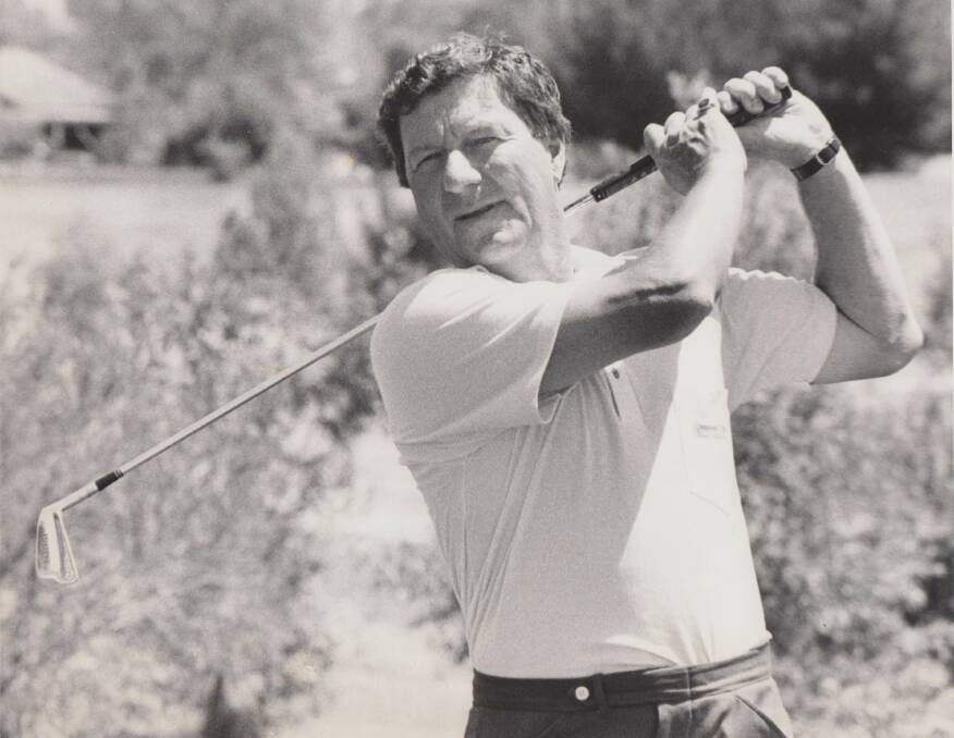 In the swing: Peter Thomson hits a shot at the now defunct Hume Country club in January 1983 when he came to Albury for a Cooper Tools sales promotion.