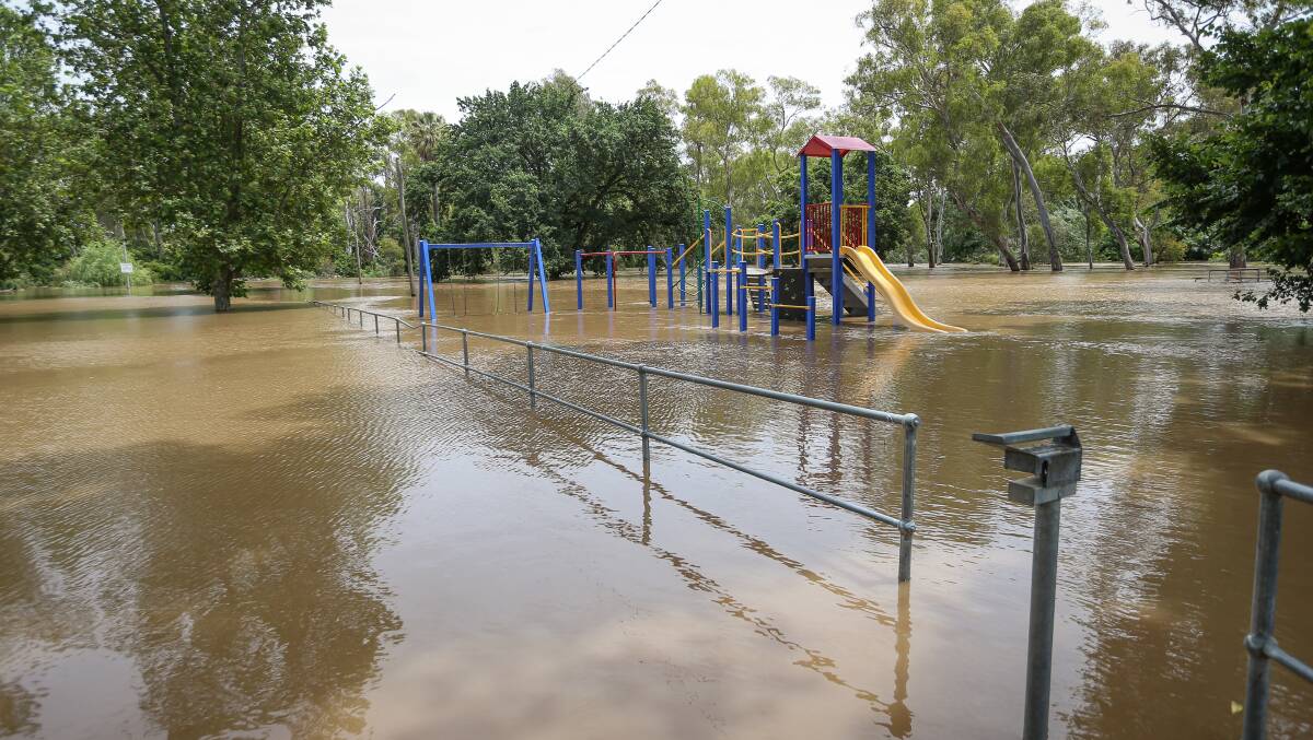 Splash park: This playground at Culcairn was swallowed by flood waters on Saturday morning as the nearby Billabong Creek broke its banks. Picture: JAMES WILTSHIRE
