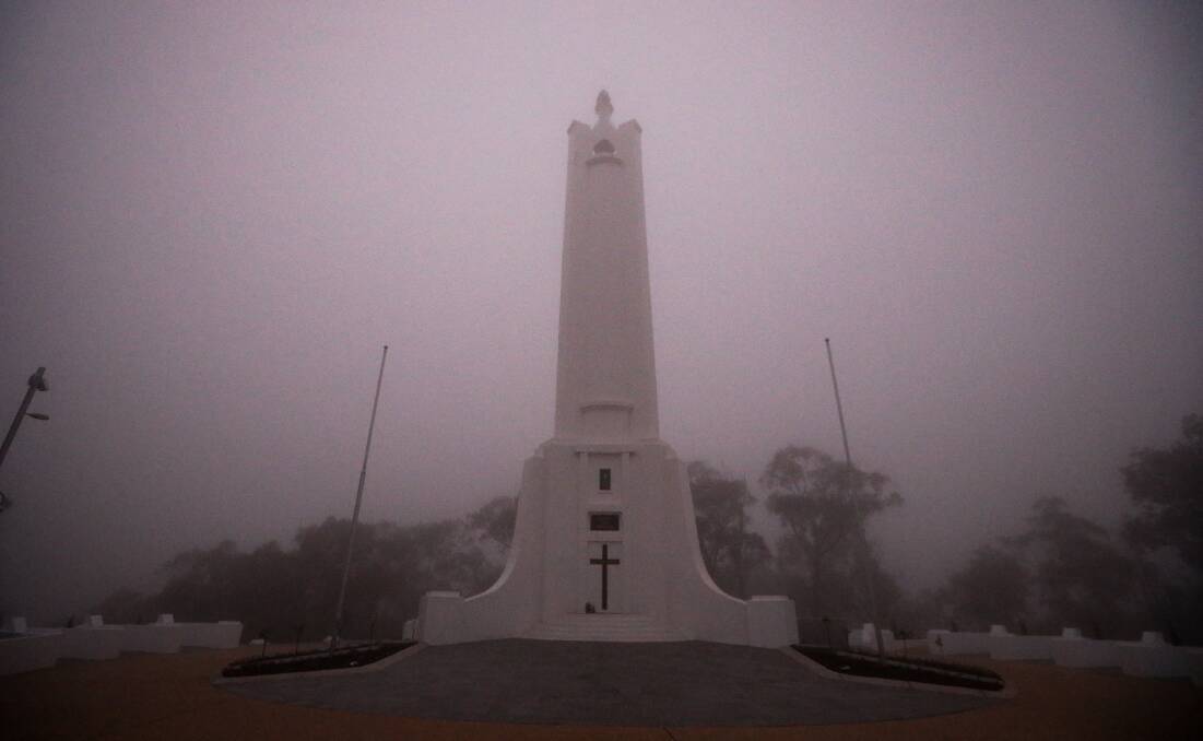 Foreboding: The Albury war memorial on Anzac Day last year when the flag poles that normally bear the Australian and New Zealand flags were unadorned.