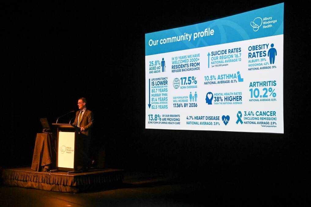 Bill Appleby addresses the previous annual meeting of Albury Wodonga Health in March this year when cameras were allowed into the auditorium.