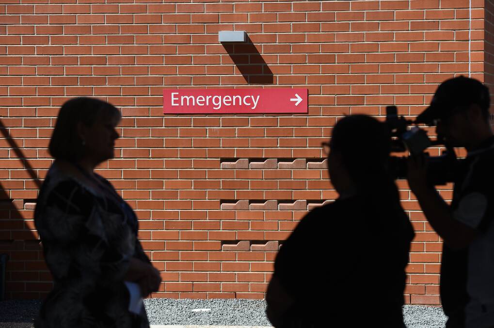 Writing on the wall: Sally Squire in silhouette addressing the media on Albury hospital's pandemic response. COVID-19 is now influencing the design of the medical hub's new emergency department. Picture: MARK JESSER