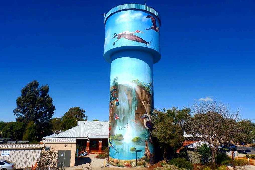 Spectacular: The rejuvenated Lockhart water tower which last year was turned into a large mural featuring wildlife of the area. Picture: THE LAND