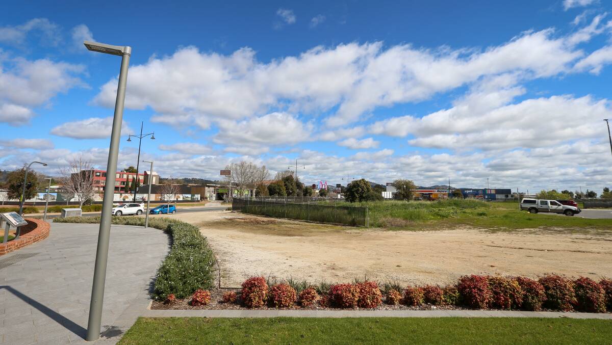 Greenfield site: Looking west towards Elgin's hotel and Wodonga Plaza across an area once earmarked for a cinema as part of Junction Place. Picture: JAMES WILTSHIRE
