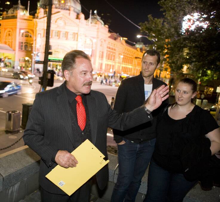Diverse career: Jeremy Kewley hosting a ghost tour in Melbourne in 2011. The paedophile's website also cites other jobs including emceeing the Mitta Mitta Annual Trivia Challenge at the Laurel Hotel from 2006 to 2014.