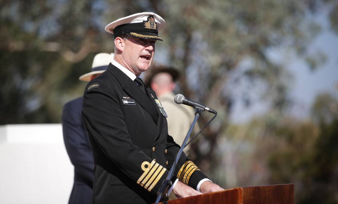 Making his point: Royal Australian Navy Captain Charles Huxtable addresses the 10am service at Monument Hill. Picture: JAMES WILTSHIRE