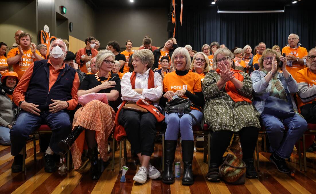 In the front row: Helen Haines joins her supporters to watch some of ABC television's election coverage at her party in Wangaratta. Picture: JAMES WILTSHIRE