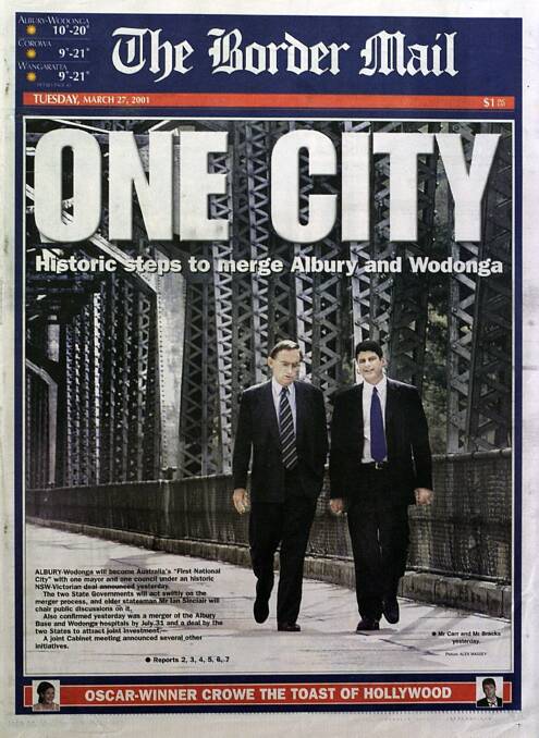 Front page news: The Border Mail's coverage of state premiers Bob Carr and Steve Bracks announcing an Albury-Wodonga merger.