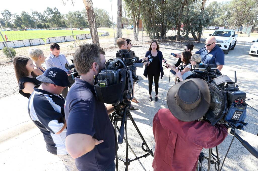Flashback: Victorian MP Jaclyn Symes in April last year announcing her state government's contribution to the cricket centre at Birallee Park in west Wodonga.