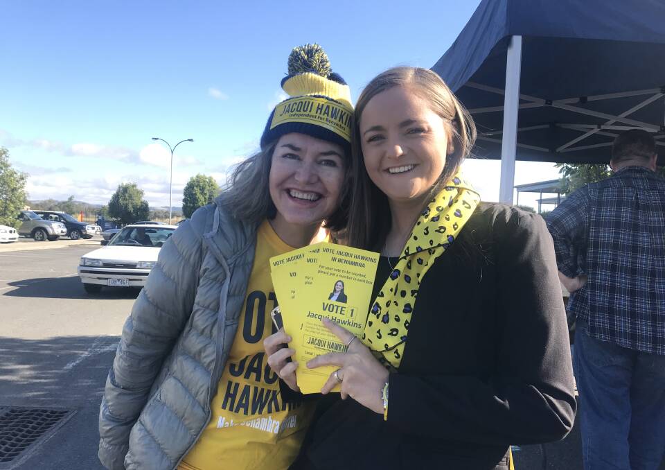 Yellow touch: Medico Rebecca McGowan was not hiding her support for Jacqui Hawkins on election day. Picture: ALISON PLASTO 