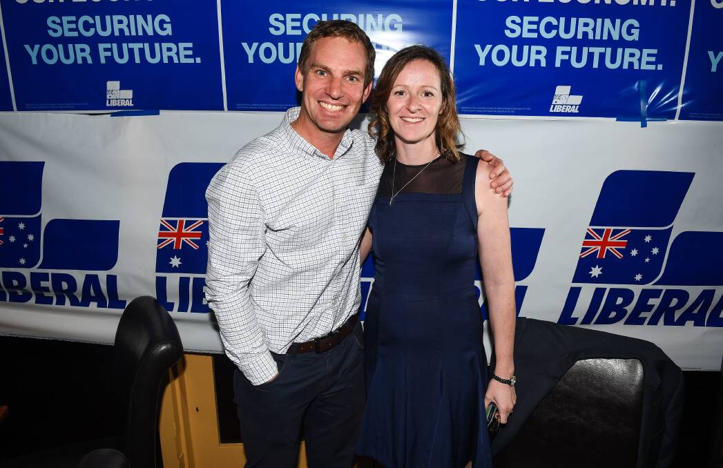 Still smiling: Despite a tough night, Liberal candidate Steve Martin was still grateful for the support of wife Annabel and fellow party members on Saturday night. Picture: MARK JESSER