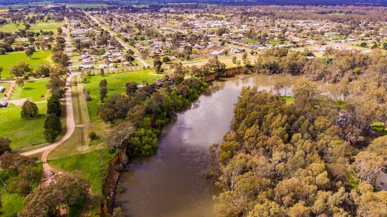 An aerial view of the Murray River town of Howlong which is facing increasing pressures from trucks as part of a proposal to dramatically increased production at Howlong Sand and Gravel. Picture from Federation Council.