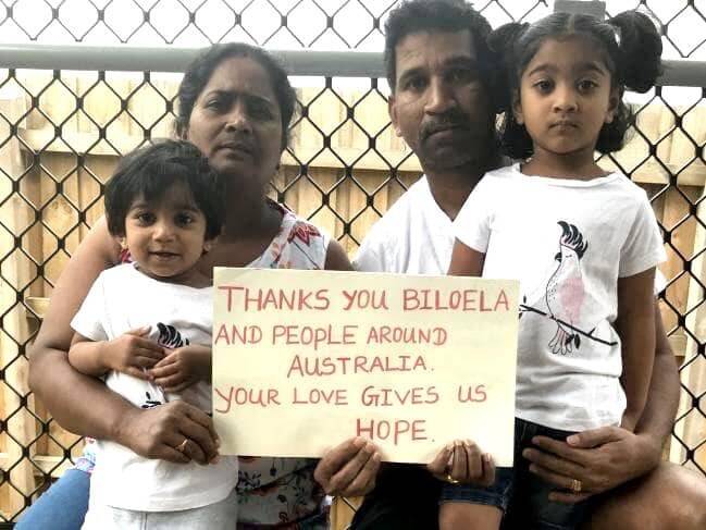 Left in limbo: Priya and Nadesalingam and their children Tharunicaa, 2, and Kopika, 4, who had been living in the inland Queensland town of Biloela before their refugee claims failed. They are now being held on Christmas Island awaiting the result of a last ditch court appeal.
