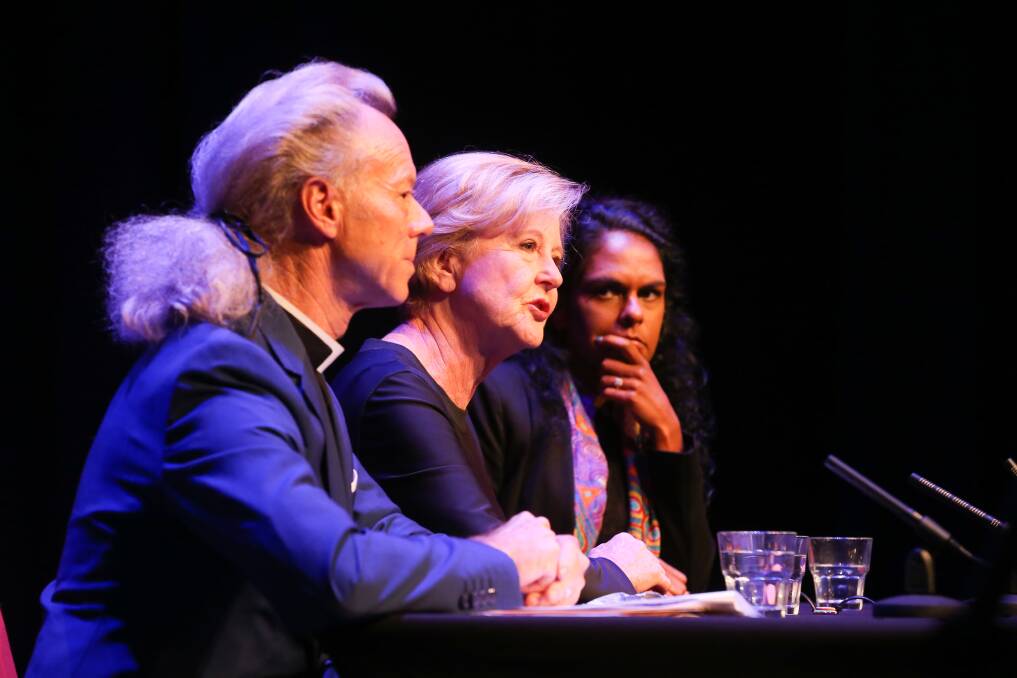 On stage: Peter MacLeod-Miller, Gillian Triggs and Teela Reid spoke to hundreds of audience members in a forum organised by Rural Australians for Refugees. Picture: KYLIE ESLER