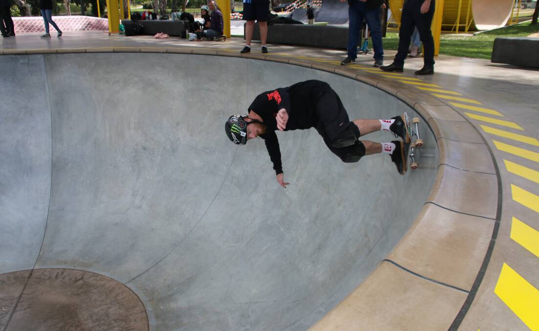 Having a dip: Al Taylor sweeps around the 3.6 metre deep skate bowl at the new David Street hub for boarders, BMX riders, scooter users and basketballers. The drawcard will be officially opened on December 11. Picture: ALBURY COUNCIL