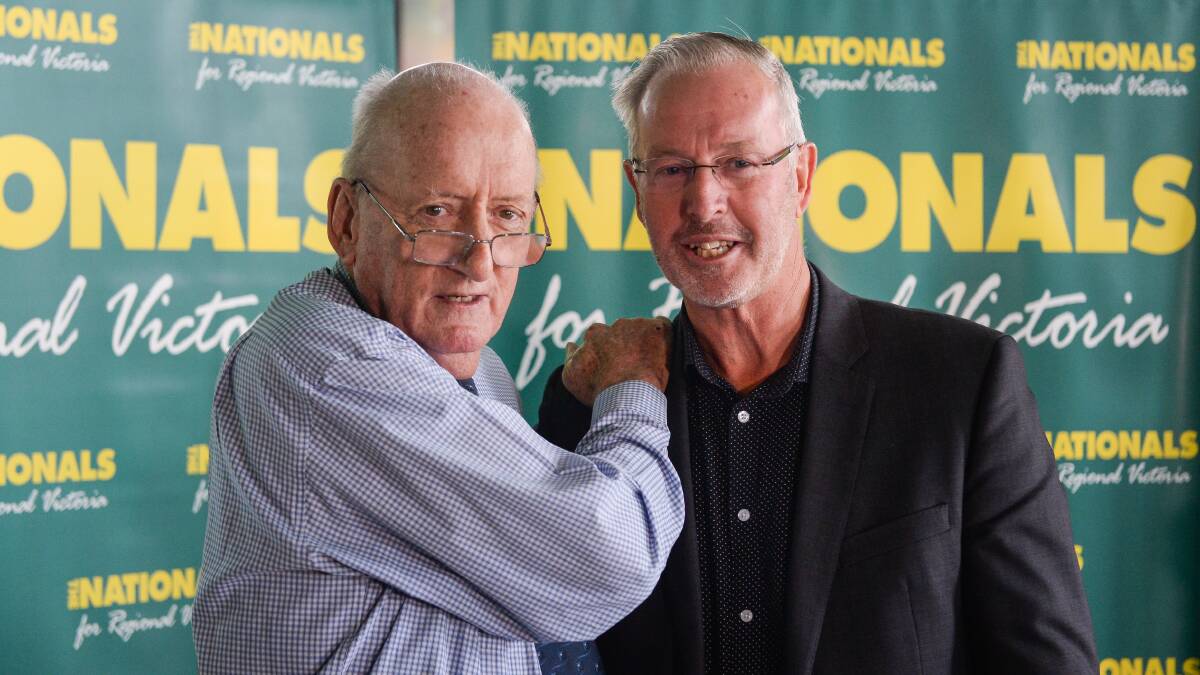 My preference: Former Nationals leader Tim Fischer with Indi Nationals candidate Mark Byatt at the launch of the past Wodonga mayor's campaign last month. Picture: MARK JESSER