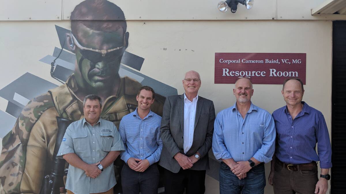 Consulting: Dave Rye, Liberal Indi candidate Steve Martin, NSW Liberal Senator Jim Molan, Wayne Taylor, Damien Batty at the Hume Veterans' Information Centre in Wodonga on Monday. Picture: SUPPLIED
