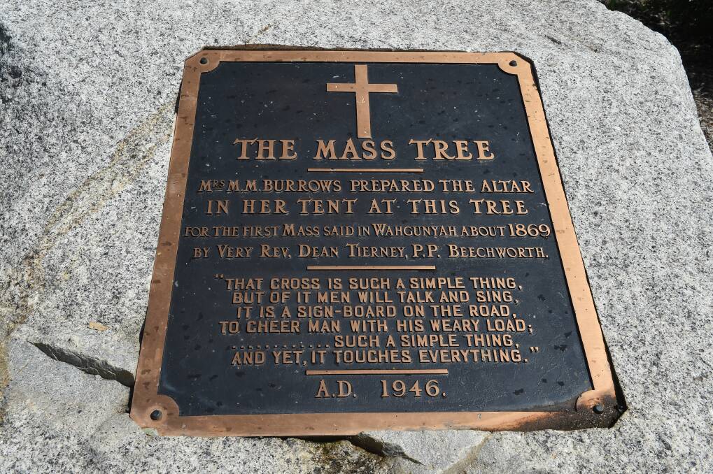 Marker: The plaque unveiled in 1946 to note the Mass Tree's past. It is embedded in a boulder after hanging from the gum.