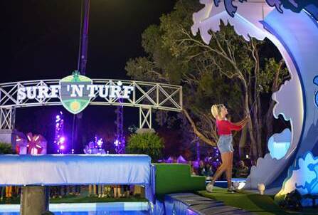 Adventure with a capital A: The Holey Moley set features a series of radical mini golf holes including the Surf 'n Turf which like other holes can see contestants end up falling into water. Picture: PRIME7