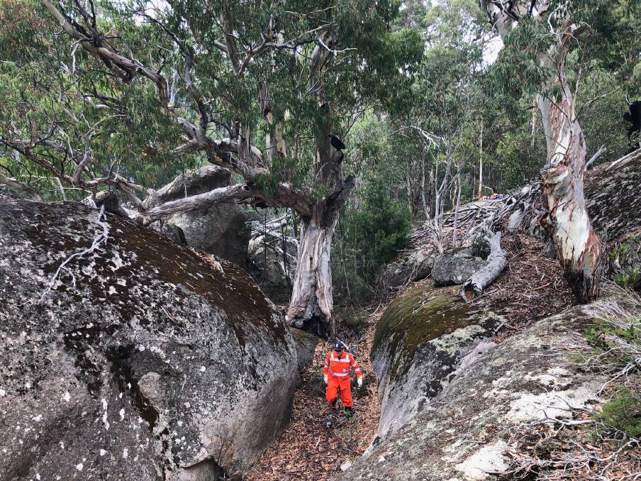 Tough task: An SES member walks through a path between rocky outcrops as part of the search on Mount Buffalo for missing couple Cindy Bohan and Trevor Salvado. Picture: BRIGHT SES