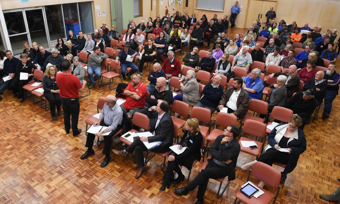 Crowd shot: An overview of the audience at the public meeting at Tangambalanga. All seven Indigo councillors attended as well as Towong mayor David Wortmann.
