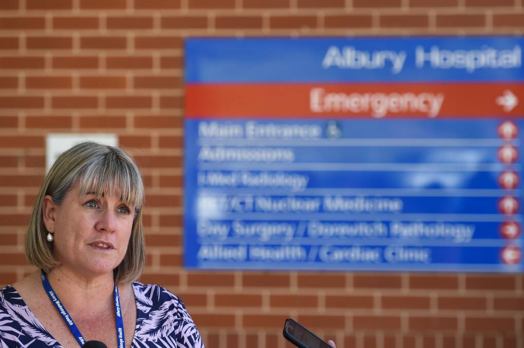 Combat ready: Sally Squire speaks to journalists at Albury hospital about her health authority's coronavirus preparations. Picture: MARK JESSER